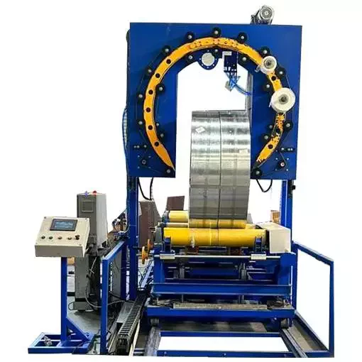 vertical-coil-wrapping-machine Steel-Coil-Wrapping-Machine-With-Motorized-Trolly-and-Ring-Updown-System